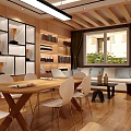 Chinese Style Public Office Space Interior Design With Open Layout Wooden Decor And Circular Ornaments
