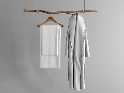 Wooden Hanging Rod Hanger Featuring Wooden Hanger White Towel And Gray Robe 3d model
