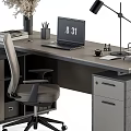 Modern Office Desk With Grey Cabinets Rolling Chair Lamp Laptop And Calendar