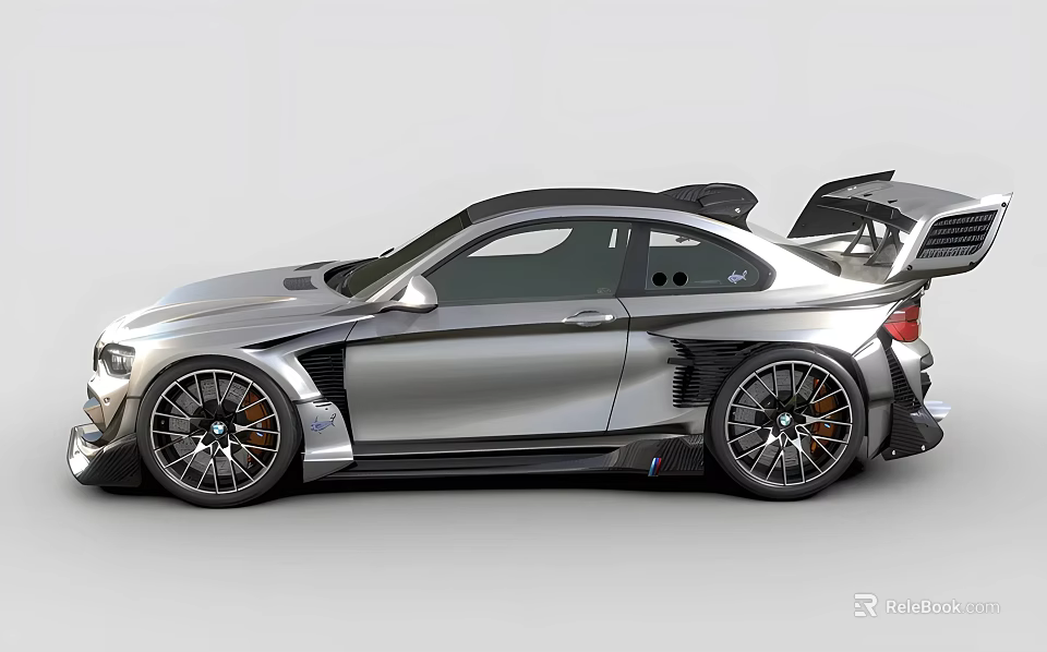 Silver Modified Sports Car With Wide Body Rear Spoiler And Alloy Wheels 3d model 