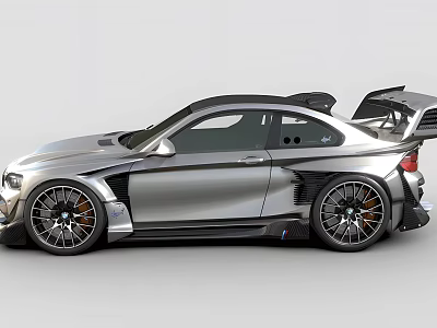 Silver Modified Sports Car With Wide Body Rear Spoiler And Alloy Wheels 3d model