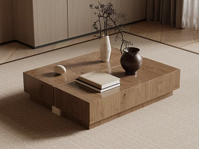 Modern Sofa and Coffee Table Set with Wooden Top and Decorative Items on Rug 3d model