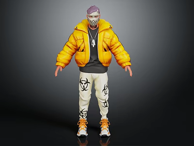 Masked Character Wearing Yellow Puffer Jacket With Biohazard Symbols On Pants And Orange Shoes 3d model