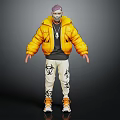 Masked Character Wearing Yellow Puffer Jacket With Biohazard Symbols On Pants And Orange Shoes