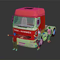 Red RISS HAMMES Truck with Three People in Red Clothes Inspecting Exterior