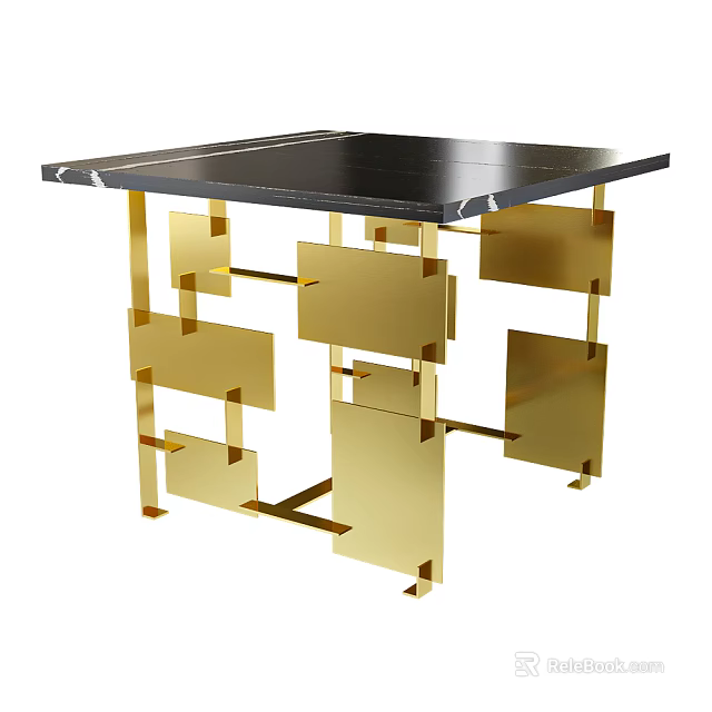 Modern Console Table With Black Marble Top And Golden Geometric Base 3d model 