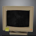 Vintage Beige Computer Monitor With Black Screen Yellow Sticky Note And Red Button