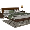 Double Bed with Brown Upholstered Headboard Green Pillow Floral Quilt Yellow Pendant Light Checkered Rug