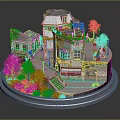 Cartoon Scene With Miniature Buildings Vines Covered Houses Stone Stairs Trees And Courtyard