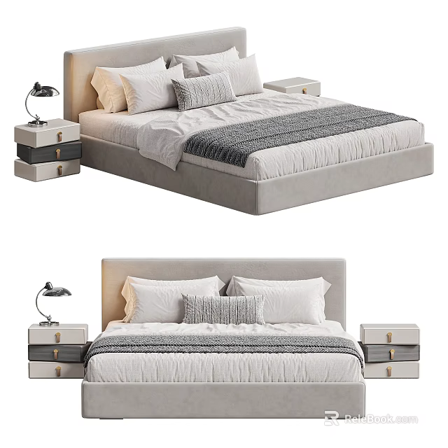 Modern Double Bed With Headboard White Pillows Bedside Tables And Table Lamp 3d model