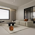 Modern Minimalist Living and Dining Room Interior With Wall-mounted TV Large Window And Light-colored Sofa