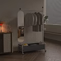 Rolling Clothes Rack With Mirror And Storage Basket Hanging Sweaters In Living Room