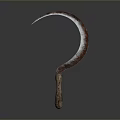 Rustic Sickle With Wooden Handle And Curved Red Silver Metal Blade As Agricultural Tool