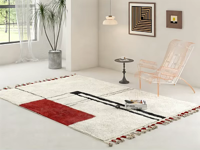 Modern Square Rug With Geometric Red Black White Pattern And Tassels In Living Room 3d model