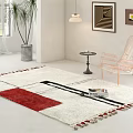 Modern Square Rug With Geometric Red Black White Pattern And Tassels In Living Room