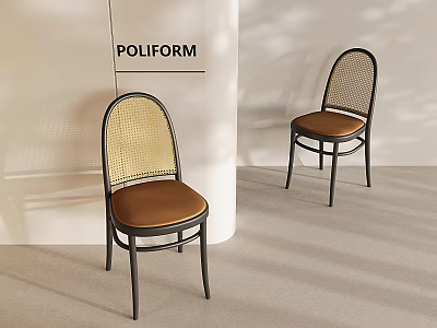 Poliform Modern Dining Chairs With Rattan Backrest Brown Upholstered Seat And Black Metal Frame 3d model