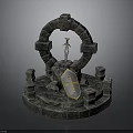 Medieval Weapon Shield With Blue Yellow Emblem On Circular Stone Structure With Pillars 3d model