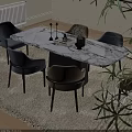 Modern Marble Top Dining Table Set With Gray And Brown Dining Chairs And Tabletop Plants
