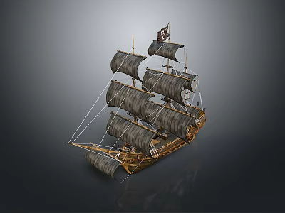 Vintage Pirate Ship Model With Black Sails Wooden Hull And Skull Flag 3d model