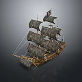 Vintage Pirate Ship Model With Black Sails Wooden Hull And Skull Flag