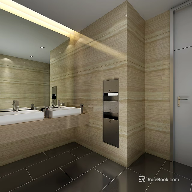 Modern Public Toilet Interior With Beige Wood Paneling Double Sinks And Mirror 3d model 