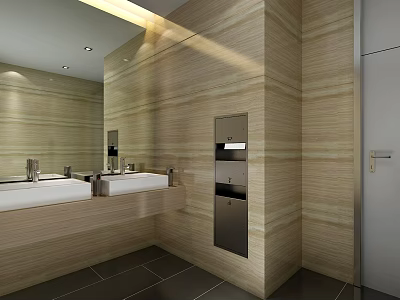 Modern Public Toilet Interior With Beige Wood Paneling Double Sinks And Mirror 3d model