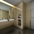 Modern Public Toilet Interior With Beige Wood Paneling Double Sinks And Mirror