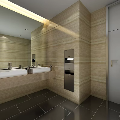 Modern Public Toilet Interior With Beige Wood Paneling Double Sinks And Mirror 3d model
