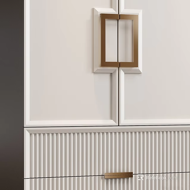 Elegant Modern Walk in Closet Interior With White Cabinets Gold Handles And Pleated Detail 3d model 