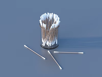 Daily Household Cotton Swabs in Transparent Container with Scattered Swabs Nearby 3d model
