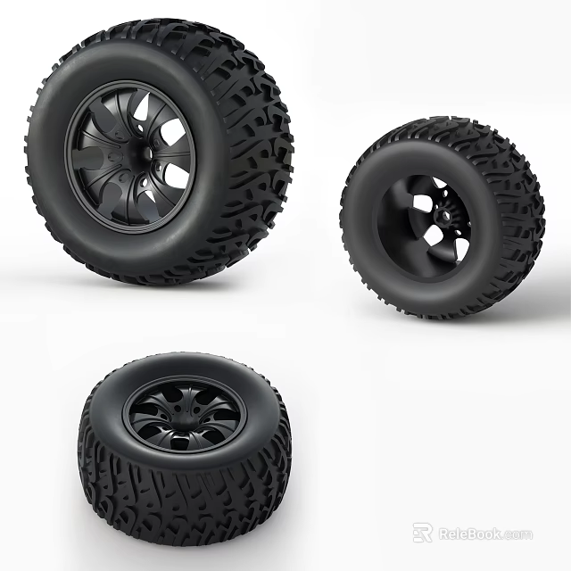 Off-Road Tires with Deep Tread and Black Wheel Rims Displayed in Three Angles 3d model 