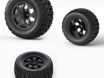 Off-Road Tires with Deep Tread and Black Wheel Rims Displayed in Three Angles 3d model
