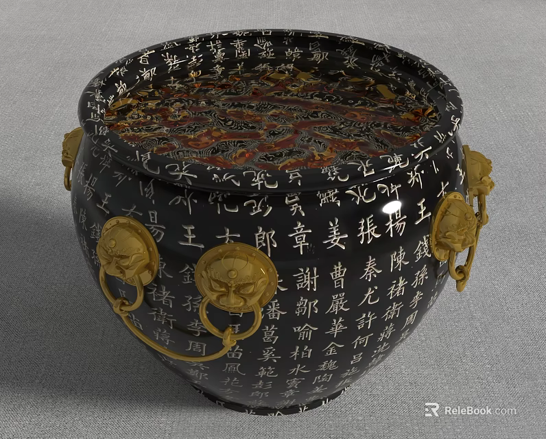 Traditional Ornamental Decorative Set With Black Body Golden Lion Head Rings And Chinese Characters 3d model 