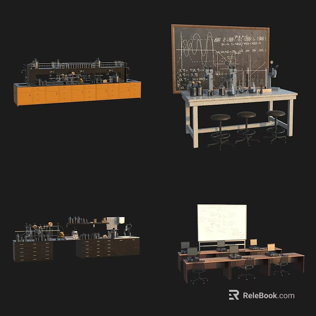 Well Equipped Laboratory Interior Design With Lab Tables Stools Equipment And Blackboard Cabinets 3d model 