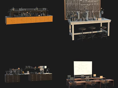 Well Equipped Laboratory Interior Design With Lab Tables Stools Equipment And Blackboard Cabinets 3d model