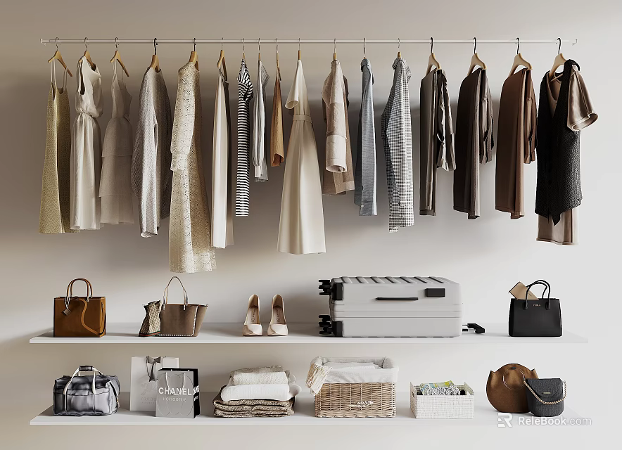 Stylish Hanging Clothes On Rack With Various Bags Shoes Storage Items And Appliance 3d model 