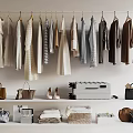 Stylish Hanging Clothes On Rack With Various Bags Shoes Storage Items And Appliance