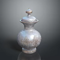 Sculpted Silver Urn With Ornate Lid And Intricate Mountain Wave Carvings