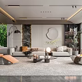 Modern Minimalist Living Room With Cozy Sofas Glass Coffee Table And Indoor Decorative Green Plants