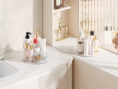 Luxury Cosmetics and Perfume Collection on Bathroom Counter with Organized Display and Gold Accents 3d model