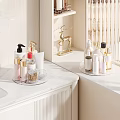 Luxury Cosmetics and Perfume Collection on Bathroom Counter with Organized Display and Gold Accents