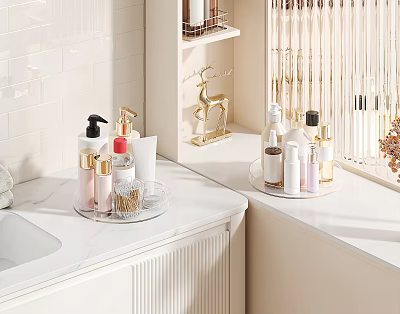 Luxury Cosmetics and Perfume Collection on Bathroom Counter with Organized Display and Gold Accents 3d model
