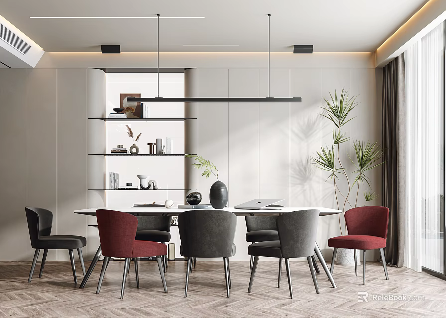 Modern Restaurant Interior With Round Dining Table Colorful Chairs Hanging Lights And Green Plants 3d model 