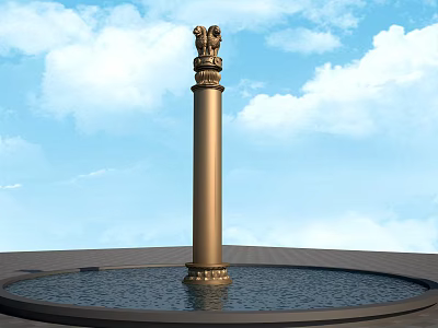 Golden Column Topped With Eagle Statues In Circular Pool Center Under Blue Sky White Clouds 3d model