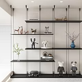 Modern Black Floating Shelves With Decorative Figurines Vase Books In Bright Room