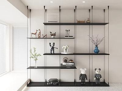 Modern Black Floating Shelves With Decorative Figurines Vase Books In Bright Room 3d model