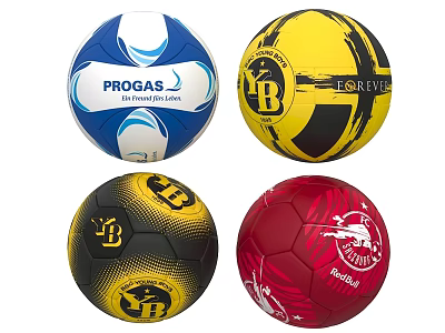 Four Assorted Branded Soccer Balls Featuring Colorful Designs And Logos 3d model