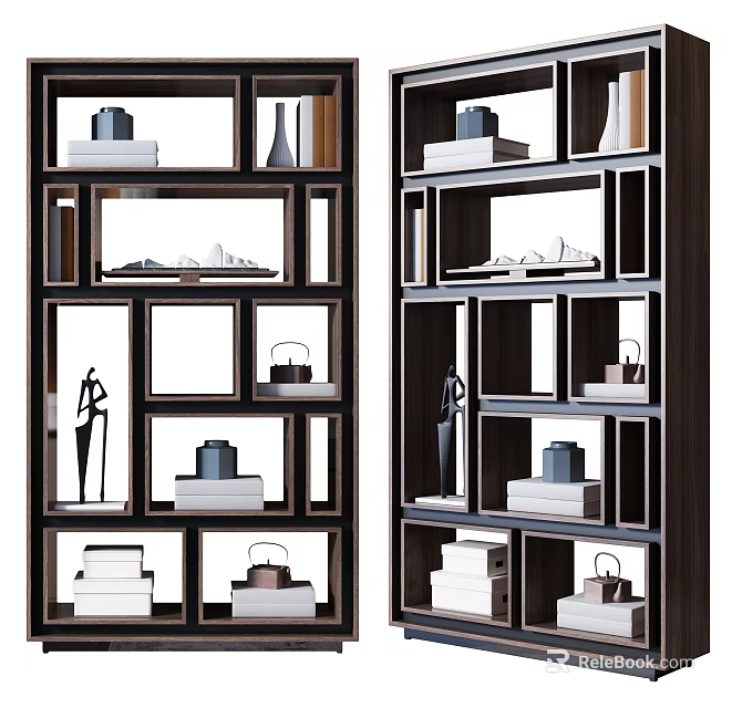 Modern Dark Wood Open Shelving Unit With Multiple Compartments Holding Books Sculptures And Vases 3d model 