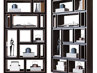 Modern Dark Wood Open Shelving Unit With Multiple Compartments Holding Books Sculptures And Vases 3d model