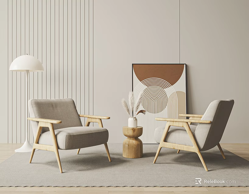 Two Comfortable Lounge Chairs With Wooden Armrests Near Neutral Striped Wall And Abstract Geometric Painting 3d model 